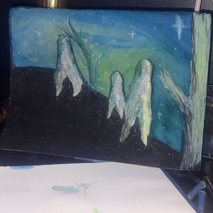 Nightcrawlers of fresco, mixed media painting, folk art 9x12